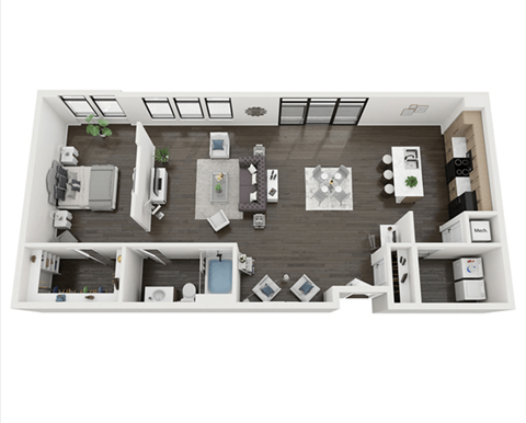 this is a 3d floor plan of a 1 bedroom apartment at the VER apartments